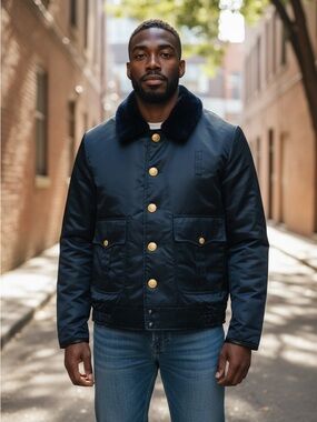 Vintage The Lawman Navy Bomber Jacket Men’s Faux Fur Collar Size Large
